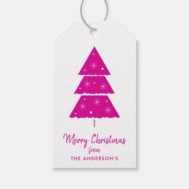 Étiquettes-cadeau Joyeux Noël rose chaud Arbre de Noël Snowflakes (Devant)