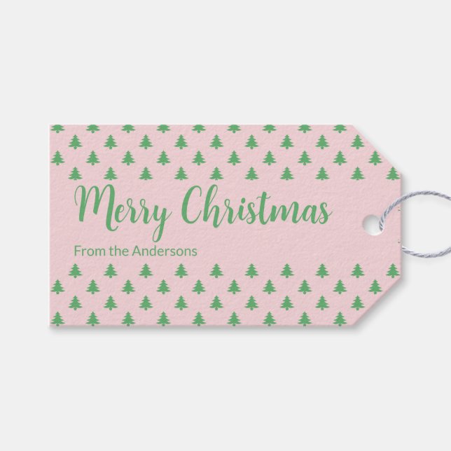 Étiquettes-cadeau Joyeux Noël rose et vert arbres de Noël (Devant (Horizontal))