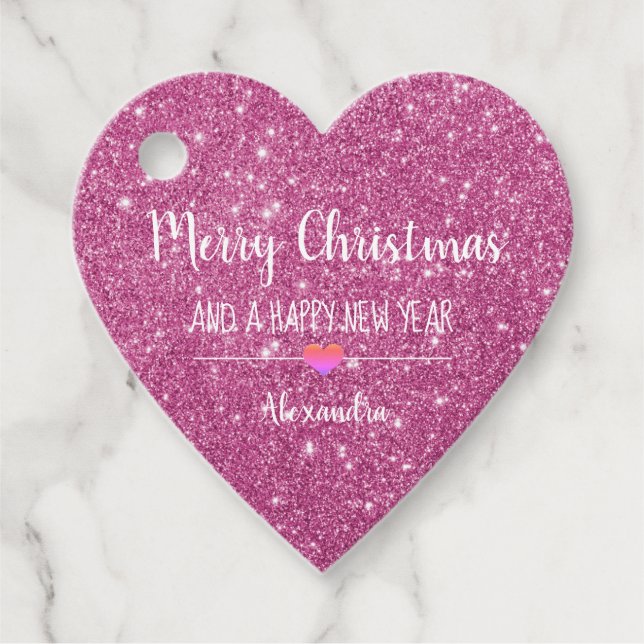 Étiquettes Cadeau Joyeux Noël rose parties scintillant nom élégant (Devant)