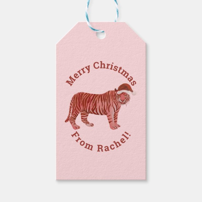 Étiquettes-cadeau Joyeux Noël rose personnalisé Père Noël Tiger (Devant)