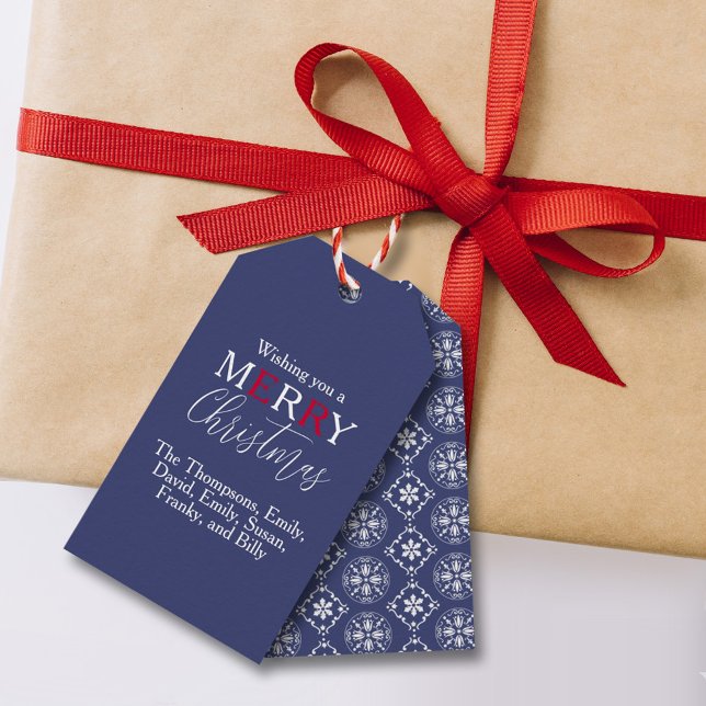Étiquettes-cadeau Joyeux Noël Rouge Bleu Marine Simple Flocon de nei (Créateur téléchargé)