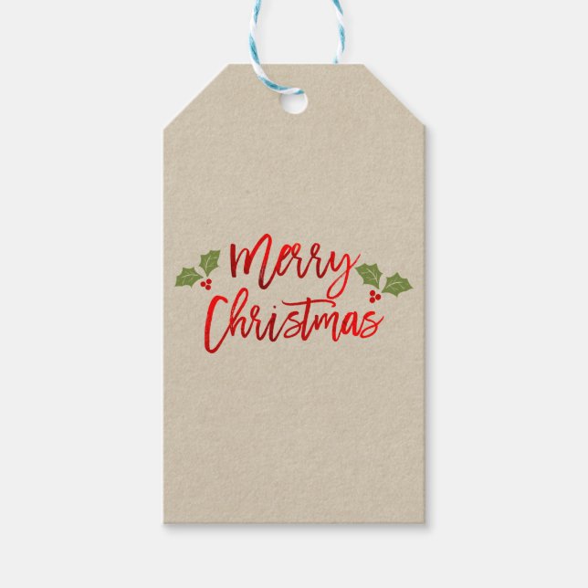 Étiquettes-cadeau Joyeux Noël Rouge Faux Foil Script moderne Kraft (Devant)