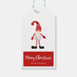 Étiquettes-cadeau Joyeux Noël Rouge Gnome Gris Nordique Rayure