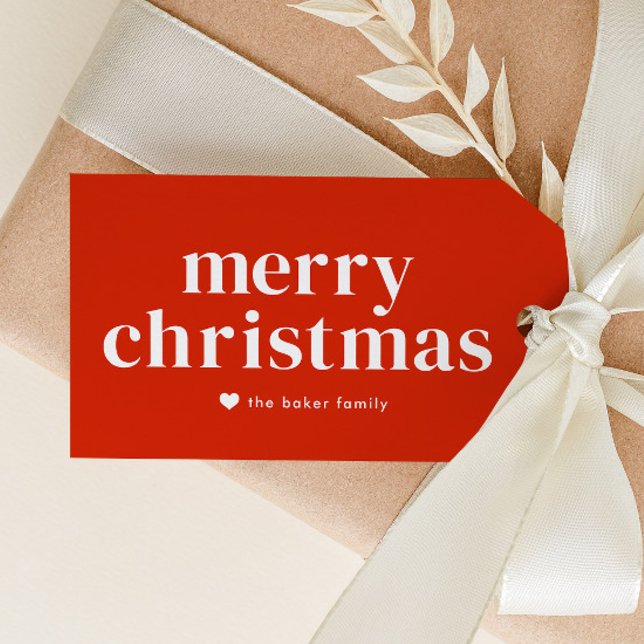 Étiquettes-cadeau Joyeux Noël rouge moderne (Modern Merry Christmas gift tags with colorful stripe backer.)