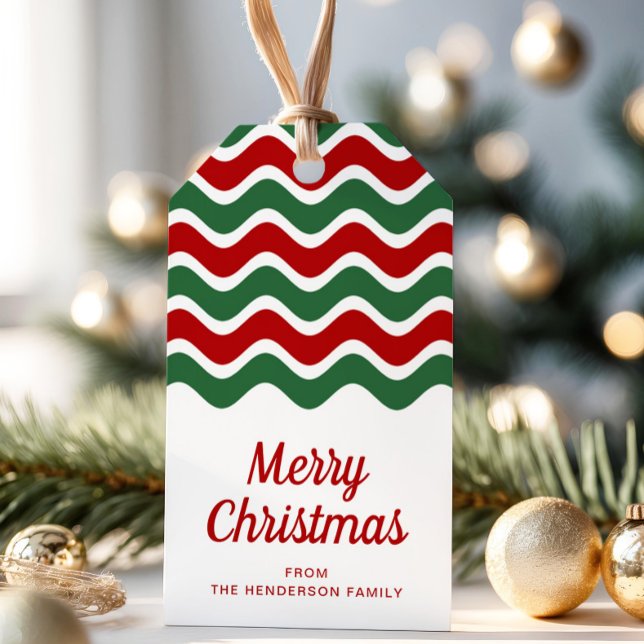 Étiquettes-cadeau Joyeux Noël Rouge Vert (Modern Red Green Stripes Merry Christmas Gift Tags)