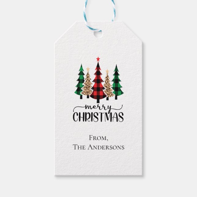 Étiquettes-cadeau Joyeux Noël Rouge Vert et Noir Plaid Arbres (Devant)