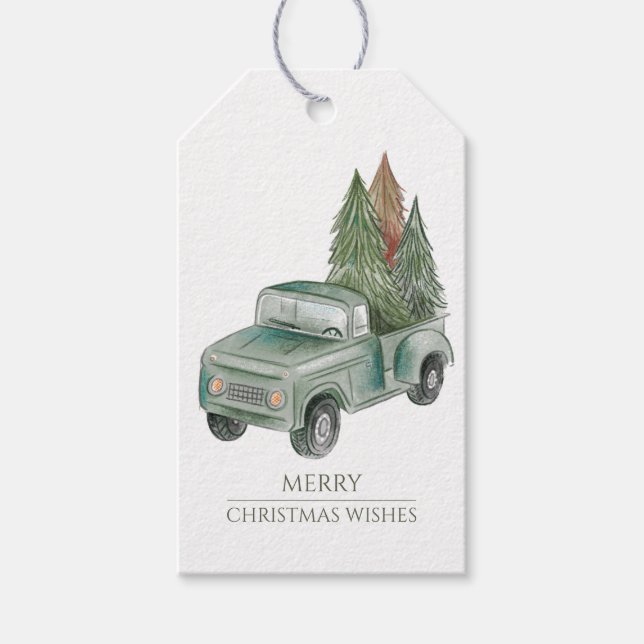 Étiquettes-cadeau Joyeux Noël Rustique Camion Arbres de Noël (Devant)