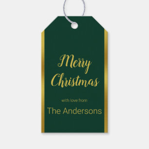 Étiquettes-cadeau Joyeux Noël Script Dark Green & Gold Votre nom