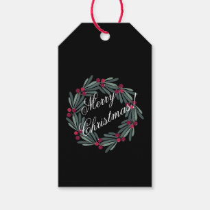 Étiquettes-cadeau Joyeux Noël Script Green Holly Wreath