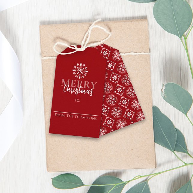 Étiquettes-cadeau Joyeux Noël Simple mignon Rouge Élégant Snowflakes (Créateur téléchargé)
