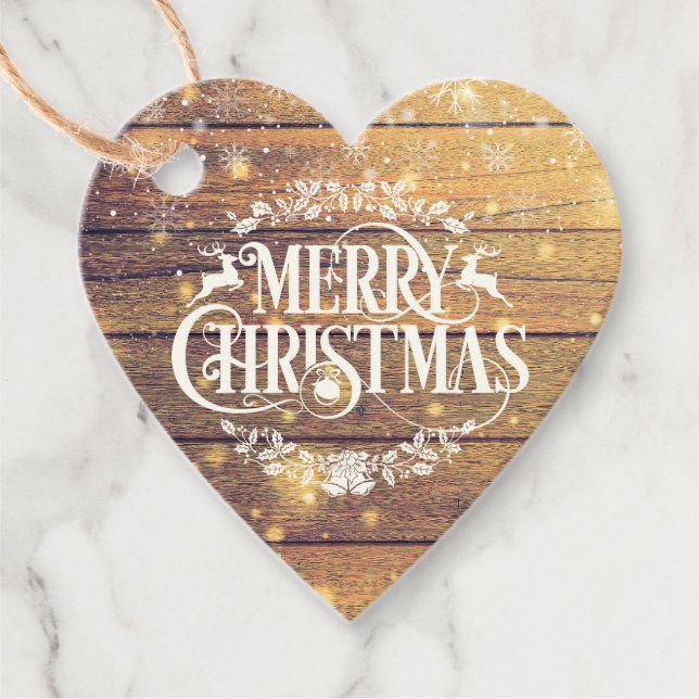 Étiquettes Cadeau Joyeux Noël Snowflakes Bois rustique (Devant)