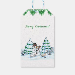 Étiquettes-cadeau Joyeux Noël ! Snowman avec chat et chiot