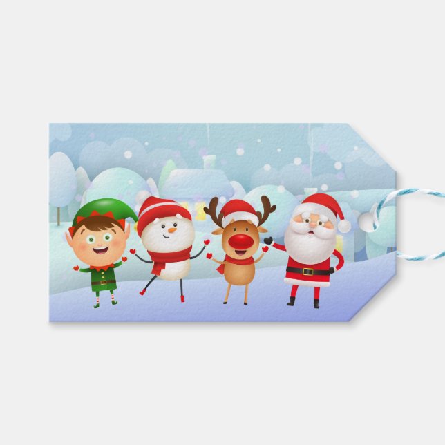 Étiquettes-cadeau Joyeux Noël Snowman Père Noël Rudolph Elf (Devant (Horizontal))