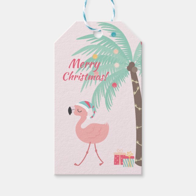Étiquettes-cadeau Joyeux Noël - Sweet Tropical Père Noël Flamant ros (Devant)