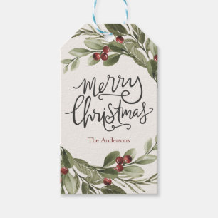 Étiquettes-cadeau Joyeux Noël vert Wreath Holiday Tag