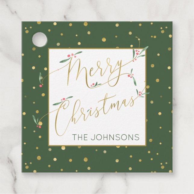 Étiquettes Cadeau Joyeux Noël Whimsical Script Vert et Or (Devant)