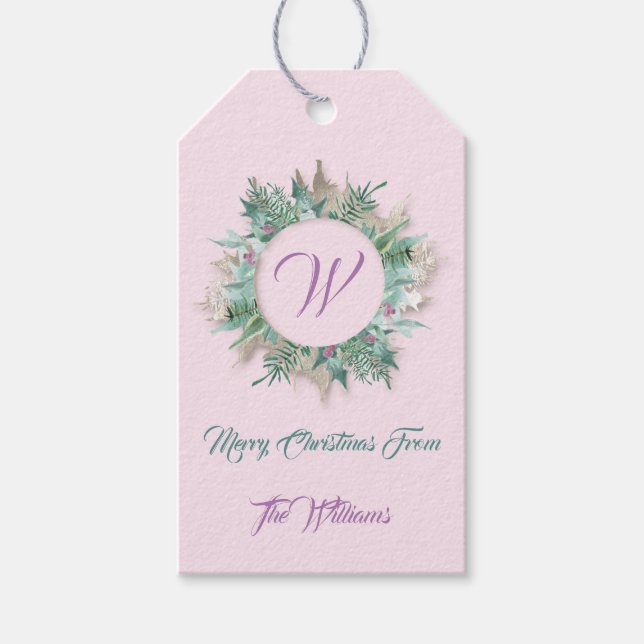 Étiquettes-cadeau Joyeux Noël Wreath Vacances Veste Rose Belet Monog (Devant)