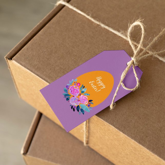 Étiquettes-cadeau Joyeux oeuf floral de Pâques aquarelle (Créateur téléchargé)