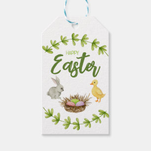 Étiquettes-cadeau Joyeux Pâques, lapin, canard, oeufs en panier