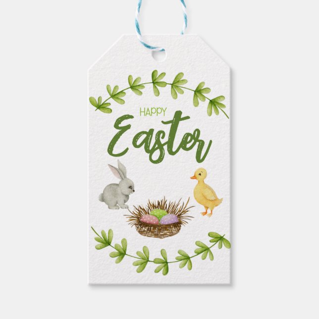 Étiquettes-cadeau Joyeux Pâques, lapin, canard, oeufs en panier (Devant)