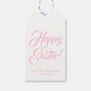 Étiquettes-cadeau Joyeux Pâques rose blanc script personnalisé él