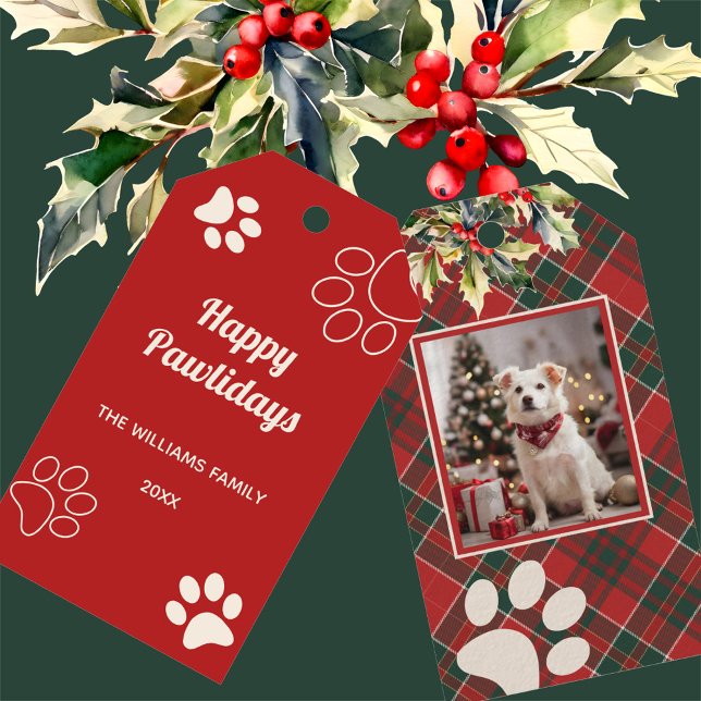 Étiquettes-cadeau Joyeux Pawlidays Chien Paw Red Plaid Photo Noël (Créateur téléchargé)