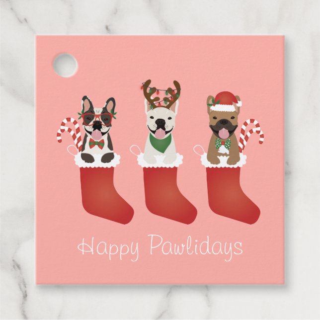 Étiquettes Cadeau Joyeux Pawlidays Français Bulldogs Noël Stocking (Devant)