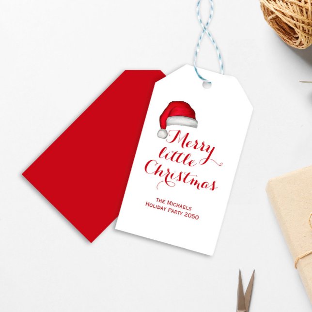 Étiquettes-cadeau Joyeux petit Noël personnalisé (Merry little Christmas holiday gift tag with watercolor Santa Hat. )