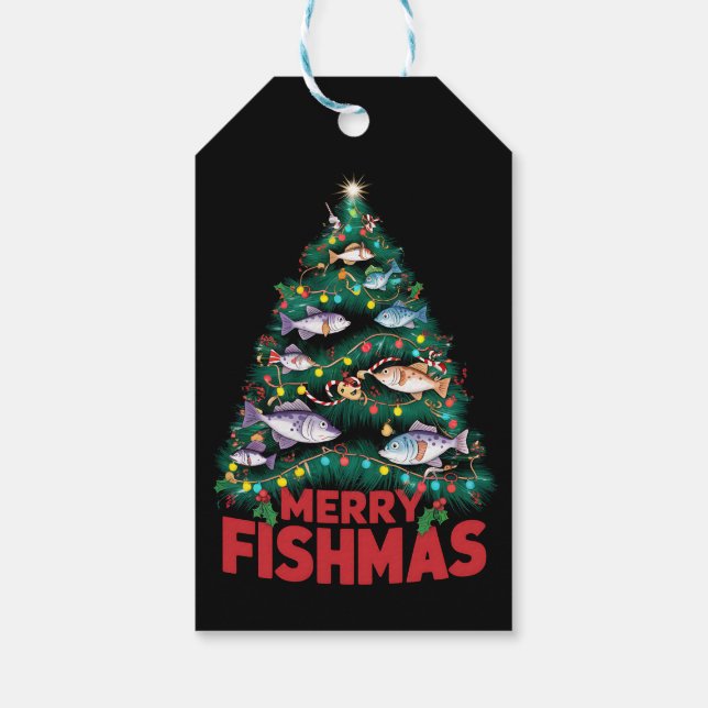 Étiquettes-cadeau Joyeux Poissons de Noël Lumières Poissons Pêche (Dos)