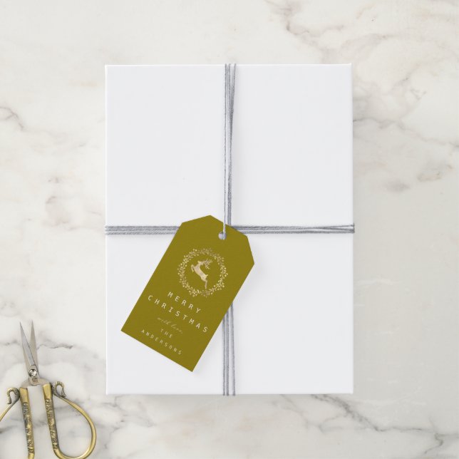 Étiquettes-cadeau Joyeux rennes de Noël Champaigne Gold Mustard (Avec de la ficelle)