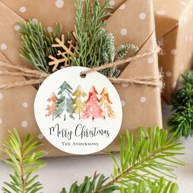Étiquettes Cadeau Joyeux sapin de Noël Aquarelle (Créateur téléchargé)