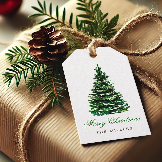 Étiquettes-cadeau Joyeux sapin de Noël Élégant Nom de script vert (Créateur téléchargé)