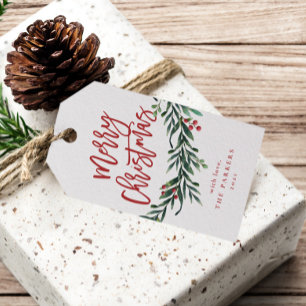Étiquettes-cadeau Joyeux script branche de noël avec baies