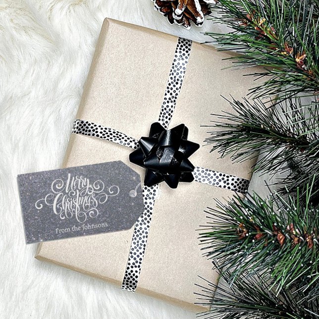 Étiquettes-cadeau Joyeux script de Noël argent parties scintillant p (Créateur téléchargé)