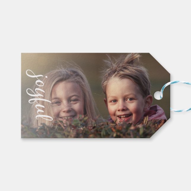 Étiquettes-cadeau Joyeux Script Olive Green Holiday Photo famille (Devant (Horizontal))