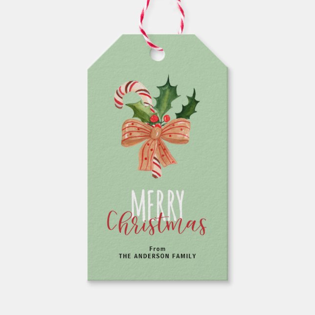 Étiquettes-cadeau Joyeux Sucre de canne d'aquarelle de Noël Personna (Devant)