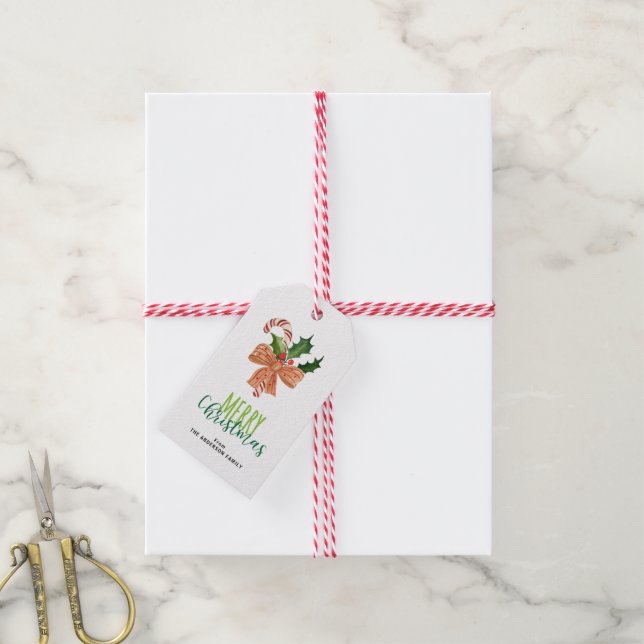 Étiquettes-cadeau Joyeux Sucre de canne d'aquarelle de Noël Personna (Avec de la ficelle)