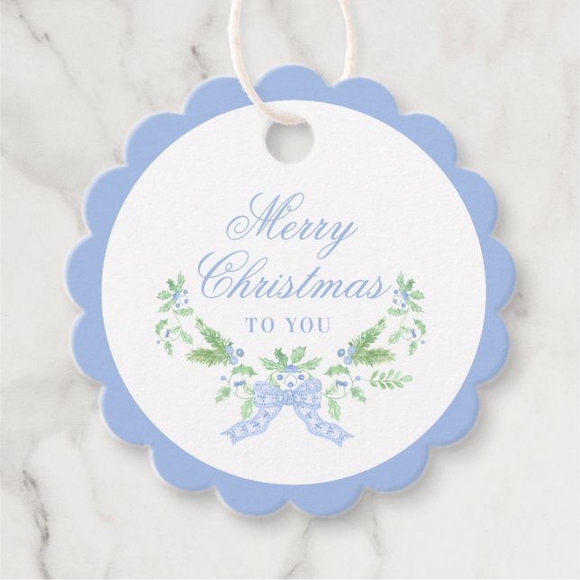 Étiquettes Cadeau Joyeux Swag de Noël avec Bleu Bow (Devant)