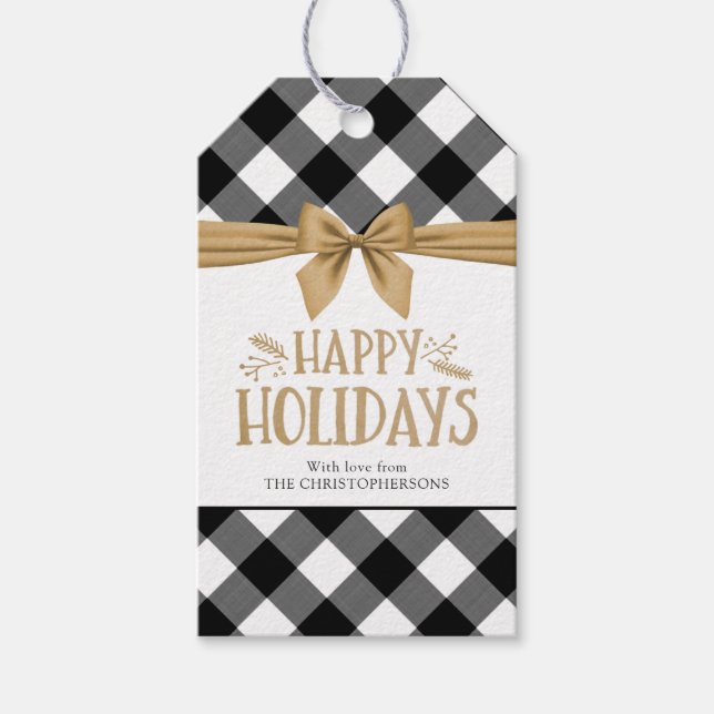 Étiquettes-cadeau JOYEUX VACANCES Buffle noir Plaid Gold Bow (Devant)
