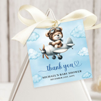Étiquettes Cadeau Joyful Teddy Bear Pilot Airplane Blue Brown Baby