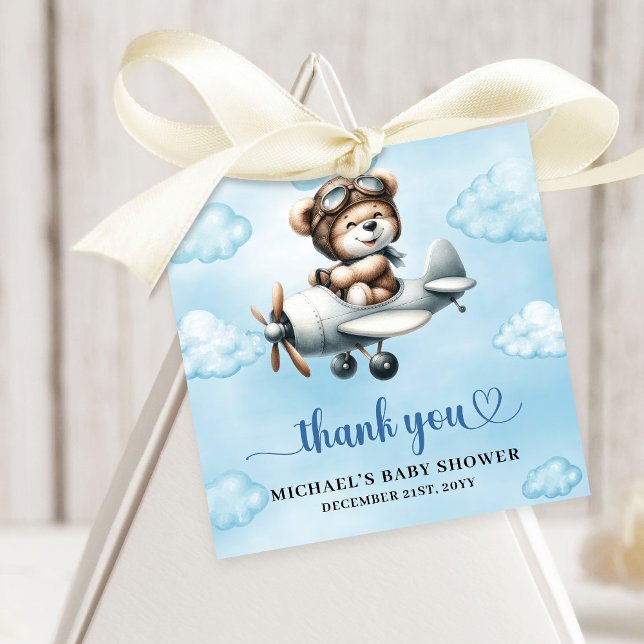 Étiquettes Cadeau Joyful Teddy Bear Pilot Airplane Blue Brown Baby  (Joyful Teddy Bear Pilot Airplane Blue Brown Baby Shower Favor Tag

)