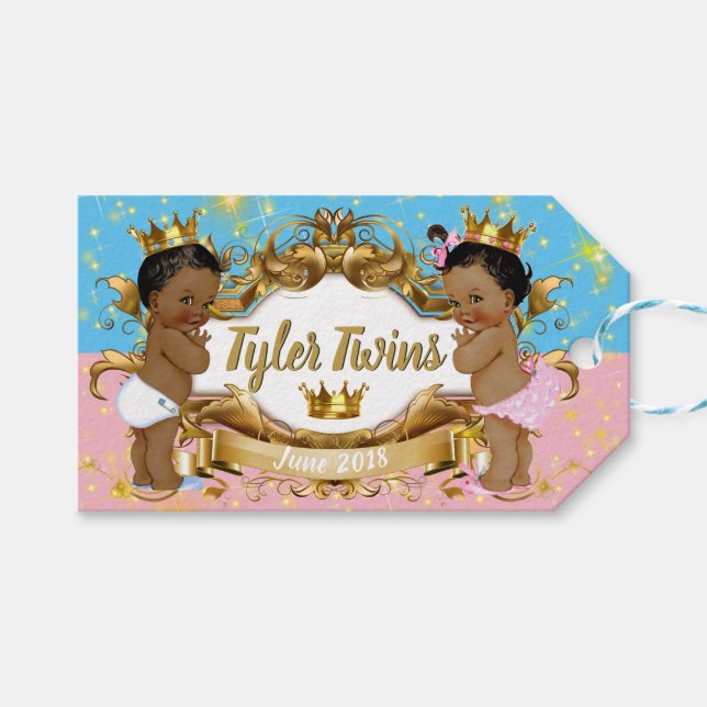 Étiquettes-cadeau Jumeaux Africains Prince/Princesse Rose/Bleu Éclat (Devant (Horizontal))