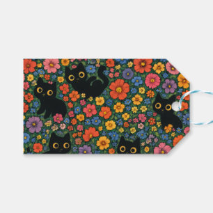Étiquettes-cadeau Kawaii Garden Art Motif floral de chat noir mign