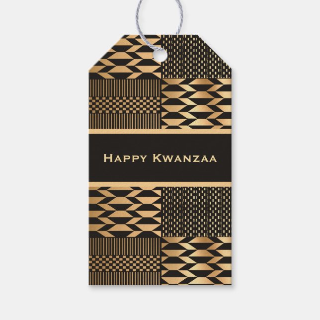 Étiquettes-cadeau Kente noir et or 'Happy Kwanzaa' (Devant)