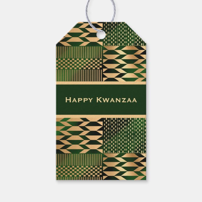 Étiquettes-cadeau Kente vert et or 'Happy Kwanzaa' (Devant)