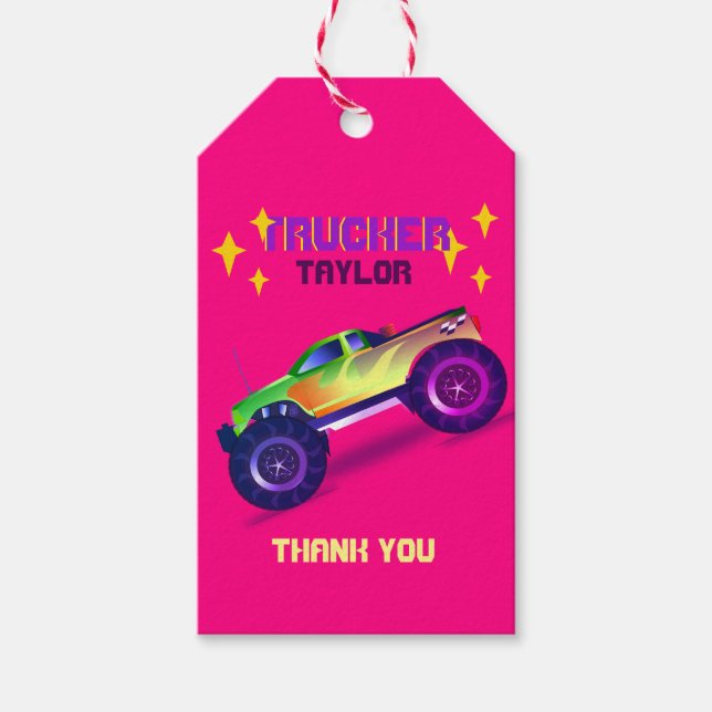 Étiquettes-cadeau La broyage Il MONSTER CAMION Filles Merci rose (Devant)