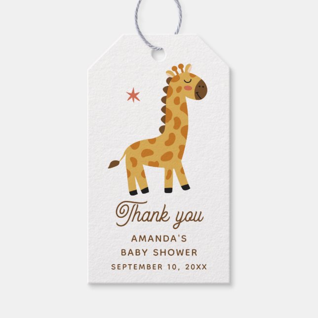 Étiquettes-cadeau La girafe mignonne. Safari animal baby shower merc (Devant)