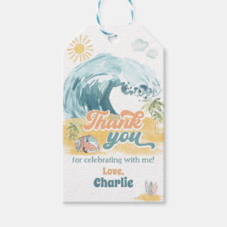 Étiquettes-cadeau La grande fête du surf de plage d'un premier anniv