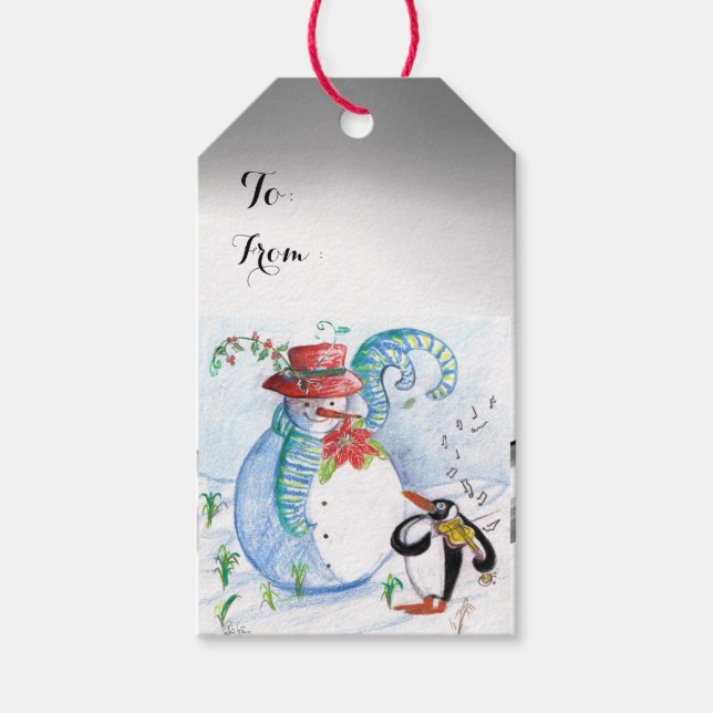 ÉTIQUETTES-CADEAU LA SÉRÉNADE HIVERNALE DE SNOWMAN ET PENGUIN (Devant)