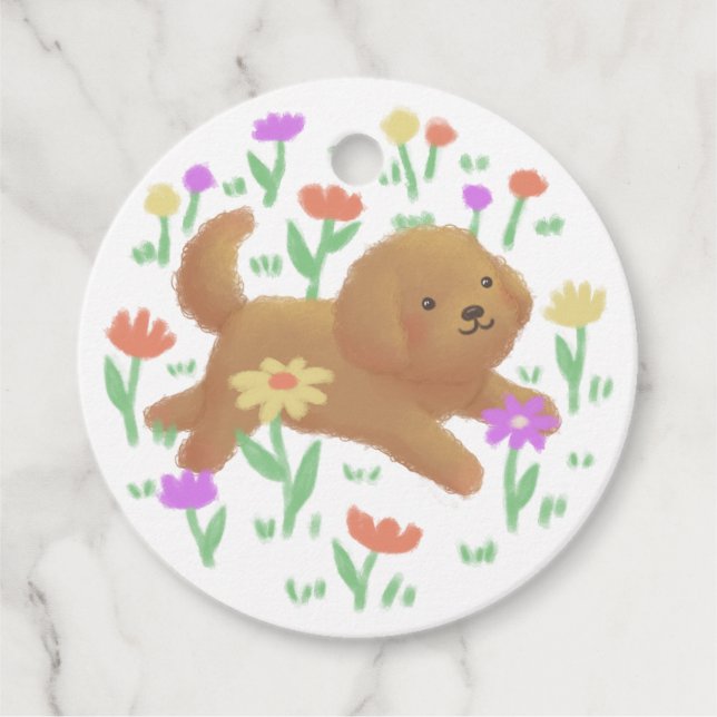 Étiquettes Cadeau Labradoodle avec fleurs Illustration (Devant)
